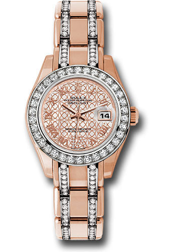 *Pre-Owned* Rolex Everose Gold Lady-Datejust Pearlmaster 29 Watch - 34 Diamond Bezel - Mother-Of-Pearl And Pink Gold Lotus Flower Motif Roman Dial