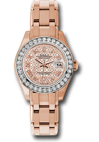*Pre-Owned* Rolex Everose Gold Lady-Datejust Pearlmaster 29 Watch - 34 Diamond Bezel - Mother-Of-Pearl And Pink Gold Lotus Flower Motif Roman Dial