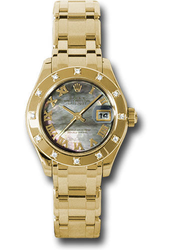 *Pre-Owned* Rolex Yellow Gold Lady-Datejust Pearlmaster 29 Watch - 12 Diamond Bezel - Dark Mother-Of-Pearl Roman Dial