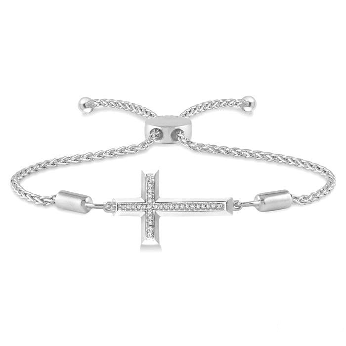 Silver Sideway Cross Diamond Lariat Fashion Bracelet