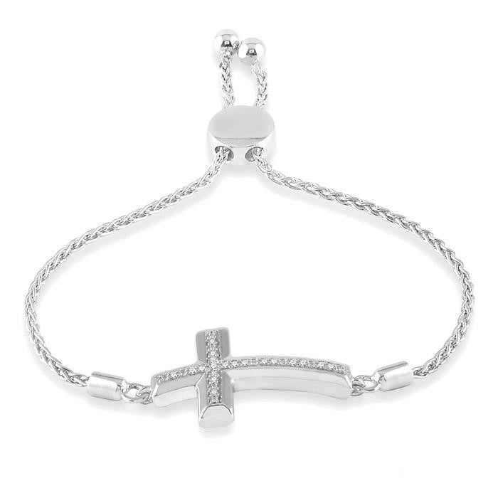 Silver Sideway Cross Diamond Lariat Fashion Bracelet