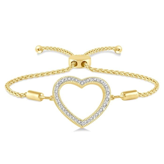 1/10 Ctw Heart Charm Round Cut Diamond Lariat Bracelet in Yellow Gold Vermeil
