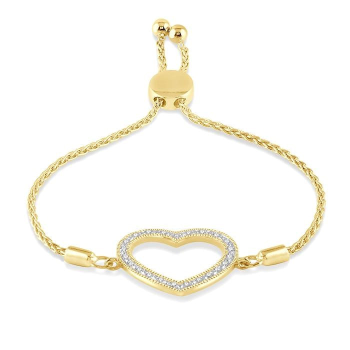 1/10 Ctw Heart Charm Round Cut Diamond Lariat Bracelet in Yellow Gold Vermeil
