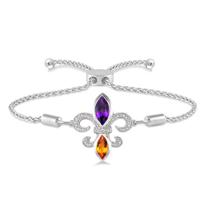 10x5 MM Marquise Cut Amethyst & 8x4 MM Marquise Cut Citrine and 1/20 Ctw Round Diamond Fleur De Lis Sterling Silver Lariat Bracelet
