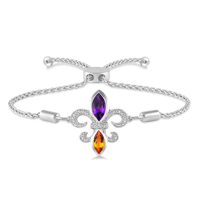Silver Fleur De Lis Gemstone & Diamond Lariat Bracelet