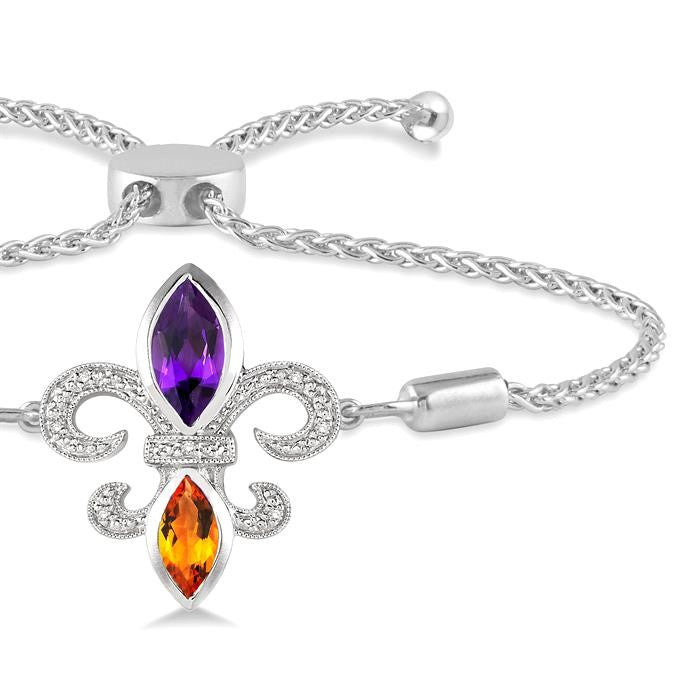10x5 MM Marquise Cut Amethyst & 8x4 MM Marquise Cut Citrine and 1/20 Ctw Round Diamond Fleur De Lis Sterling Silver Lariat Bracelet