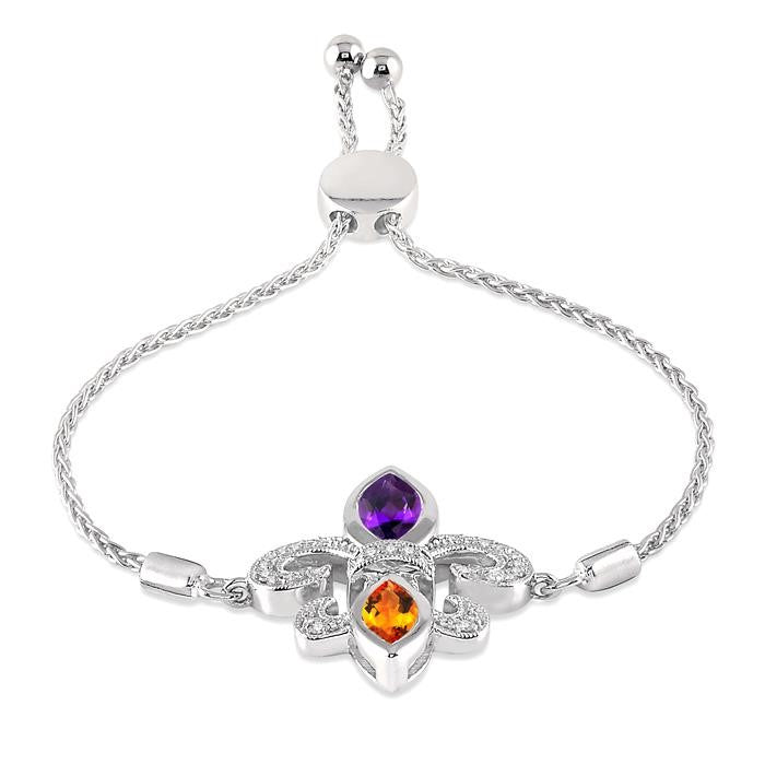10x5 MM Marquise Cut Amethyst & 8x4 MM Marquise Cut Citrine and 1/20 Ctw Round Diamond Fleur De Lis Sterling Silver Lariat Bracelet