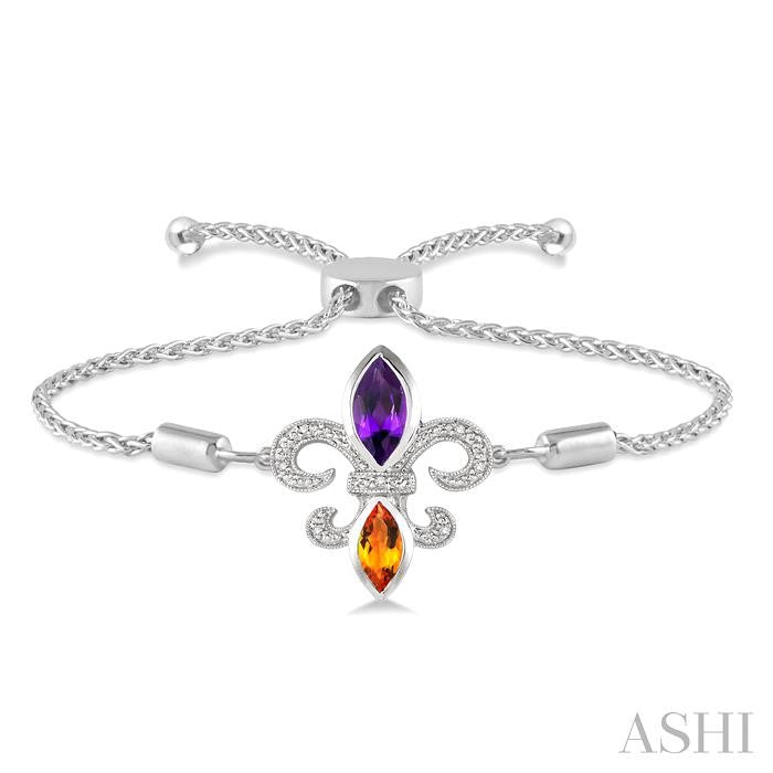10x5 MM Marquise Cut Amethyst & 8x4 MM Marquise Cut Citrine and 1/20 Ctw Round Diamond Fleur De Lis Sterling Silver Lariat Bracelet