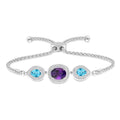 10x8 MM Oval Shape Amethyst & 7x5 MM Pear Shape Blue Topaz and 1/20 Ctw Round Diamond 3Stone Sterling Silver Lariat Bracelet