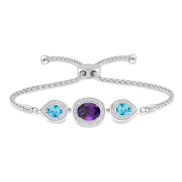 10x8 MM Oval Shape Amethyst & 7x5 MM Pear Shape Blue Topaz and 1/20 Ctw Round Diamond 3Stone Sterling Silver Lariat Bracelet