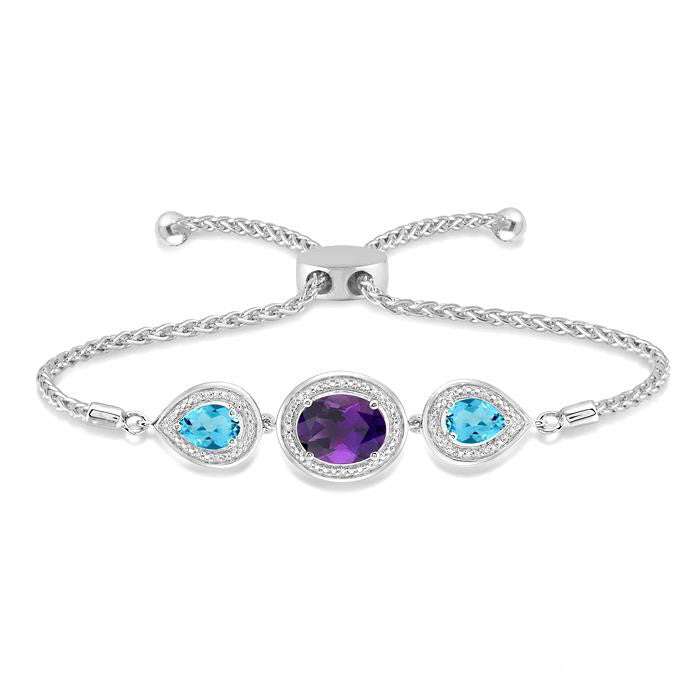 Silver Oval & Pear Shape Gemstone & Halo Diamond Lariat Bracelet