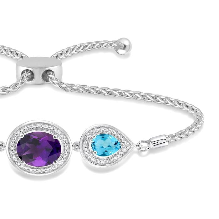 10x8 MM Oval Shape Amethyst & 7x5 MM Pear Shape Blue Topaz and 1/20 Ctw Round Diamond 3Stone Sterling Silver Lariat Bracelet