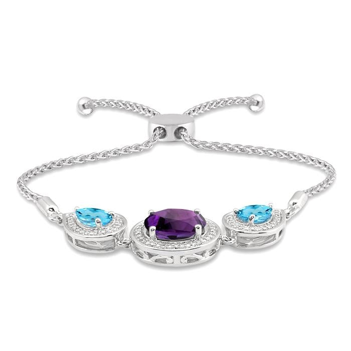 10x8 MM Oval Shape Amethyst & 7x5 MM Pear Shape Blue Topaz and 1/20 Ctw Round Diamond 3Stone Sterling Silver Lariat Bracelet