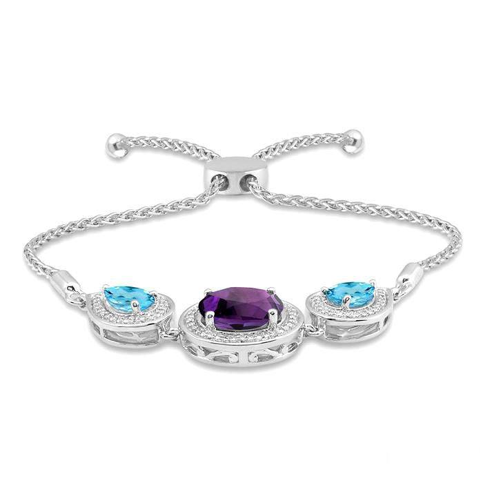 Silver Oval & Pear Shape Gemstone & Halo Diamond Lariat Bracelet