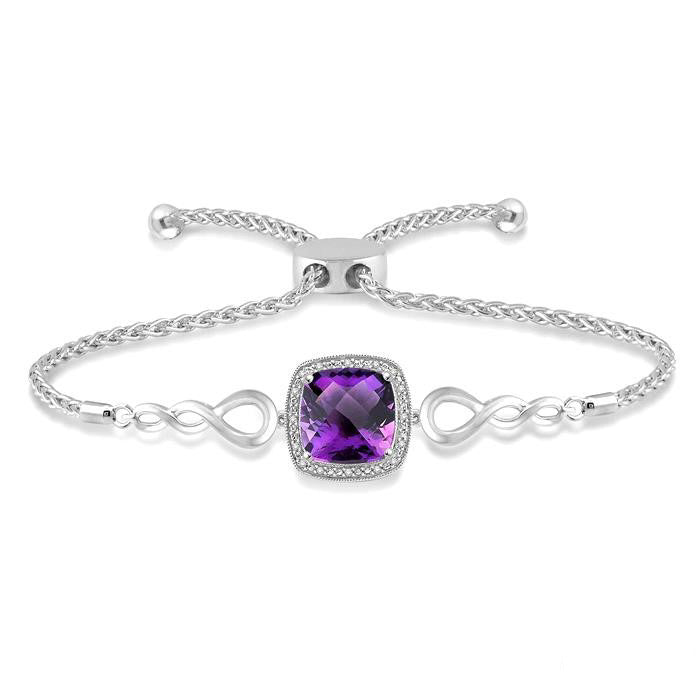 Silver Cushion Shape Gemstone & Halo Diamond Lariat Bracelet