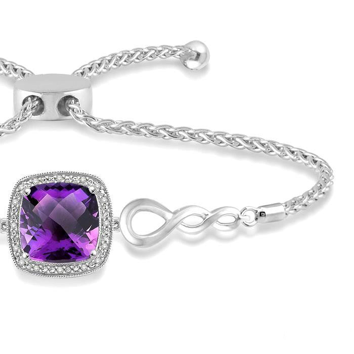 Silver Cushion Shape Gemstone & Halo Diamond Lariat Bracelet
