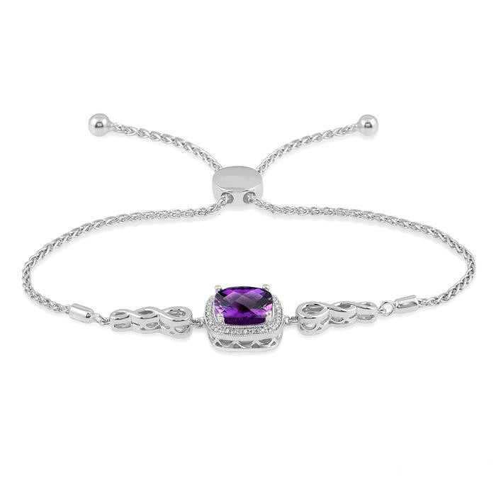 Silver Cushion Shape Gemstone & Halo Diamond Lariat Bracelet