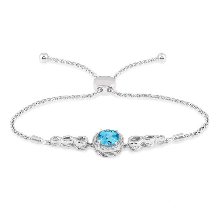 Silver Oval Shape Gemstone & Halo Diamond Lariat Bracelet