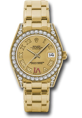 *Pre-Owned* Rolex Yellow Gold Datejust Pearlmaster 34 Watch - 34 Diamond Bezel - Champagne Ruby Roman Vi Roman Dial