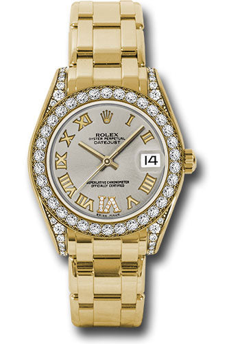 *Pre-Owned* Rolex Yellow Gold Datejust Pearlmaster 34 Watch - 34 Diamond Bezel - Silver Roman Dial