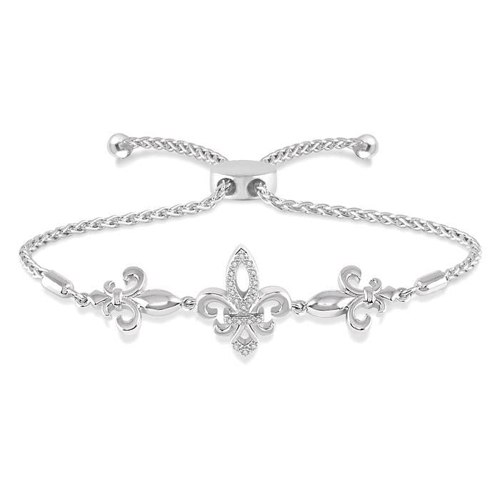 Silver Fleur De Lis Diamond Lariat Bracelet