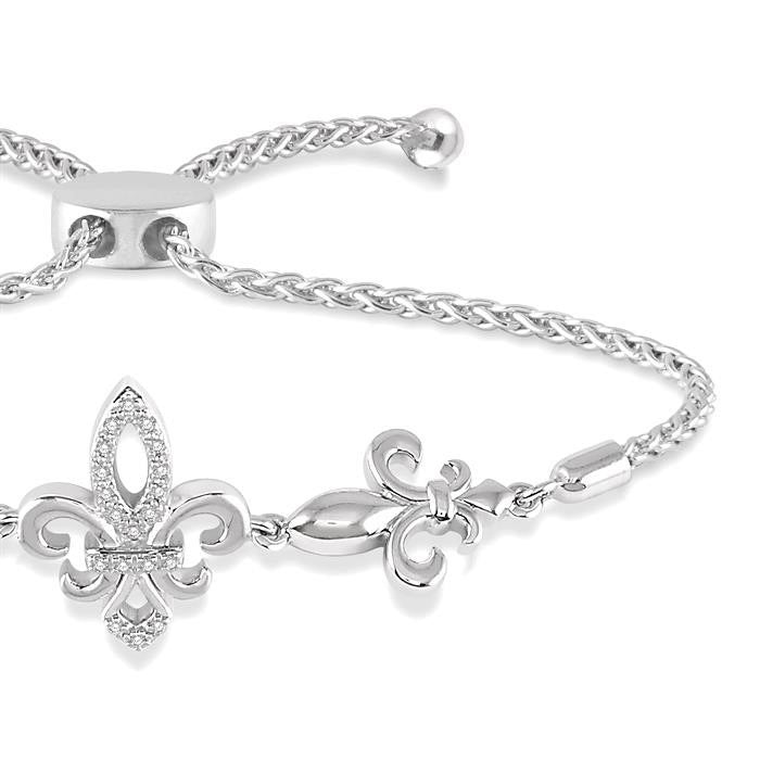 Silver Fleur De Lis Diamond Lariat Bracelet