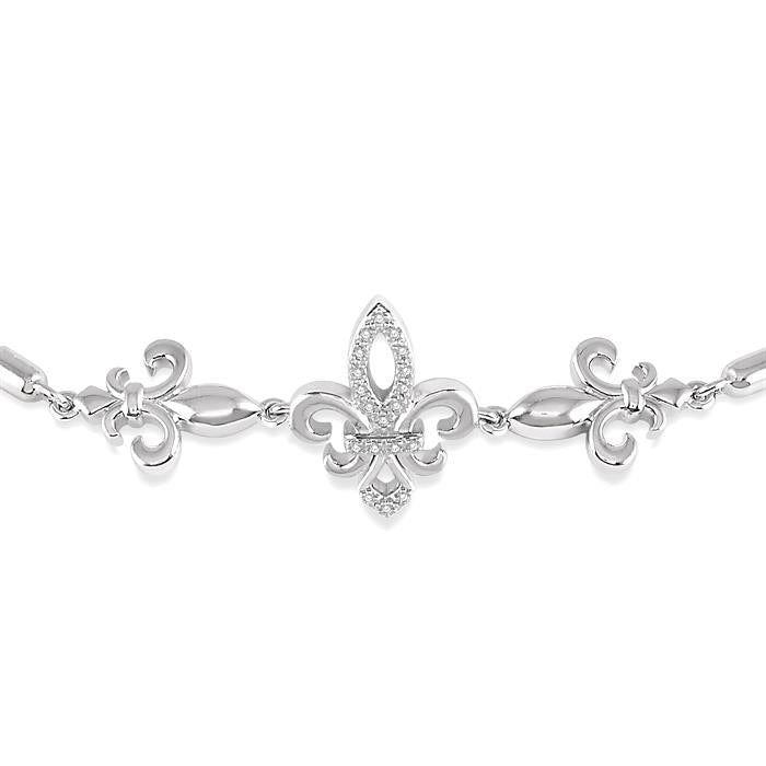 Silver Fleur De Lis Diamond Lariat Bracelet