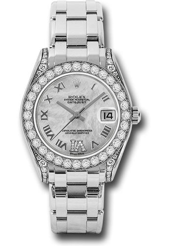 *Pre-Owned* Rolex White Gold Datejust Pearlmaster 34 Watch - 34 Diamond Bezel - White Mother-Of-Pearl Roman Dial