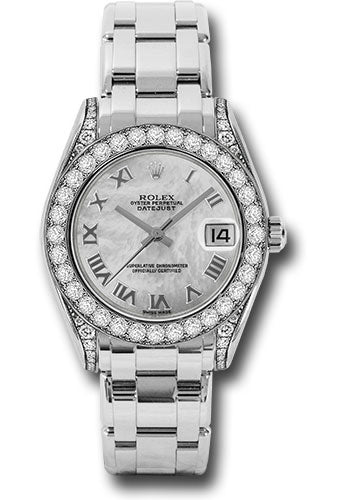 *Pre-Owned* Rolex White Gold Datejust Pearlmaster 34 Watch - 34 Diamond Bezel - White Mother-Of-Pearl Roman Dial
