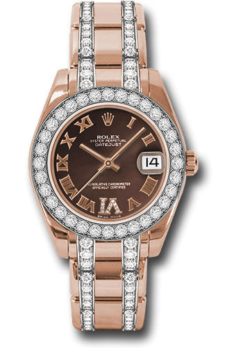 *Pre-Owned* Rolex Everose Gold Datejust Pearlmaster 34 Watch - 32 Diamond Bezel - Chocolate Roman Dial