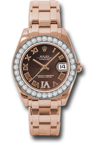 *Pre-Owned* Rolex Everose Gold Datejust Pearlmaster 34 Watch - 32 Diamond Bezel - Chocolate Roman Dial