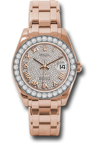 *Pre-Owned* Rolex Everose Gold Datejust Pearlmaster 34 Watch - 32 Diamond Bezel - Diamond Paved Roman Dial