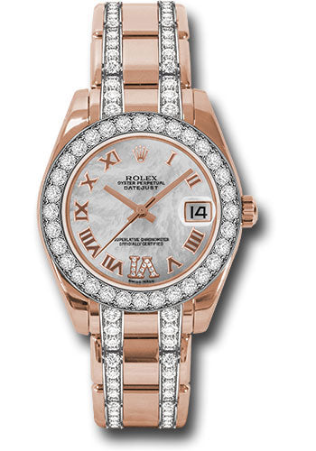 *Pre-Owned* Rolex Everose Gold Datejust Pearlmaster 34 Watch - 32 Diamond Bezel - White Mother-Of-Pearl Roman Dial