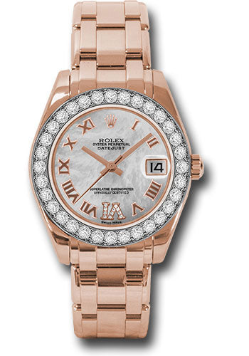 *Pre-Owned* Rolex Everose Gold Datejust Pearlmaster 34 Watch - 32 Diamond Bezel - White Mother-Of-Pearl Roman Dial