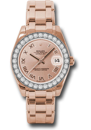 *Pre-Owned* Rolex Everose Gold Datejust Pearlmaster 34 Watch - 32 Diamond Bezel - Pink Roman Dial