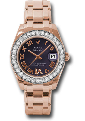 *Pre-Owned* Rolex Everose Gold Datejust Pearlmaster 34 Watch - 32 Diamond Bezel - Purple Roman Dial