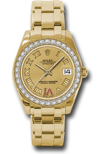 *Pre-Owned* Rolex Yellow Gold Datejust Pearlmaster 34 Watch - 34 Diamond Bezel - Champagne Ruby Roman Vi Roman Dial