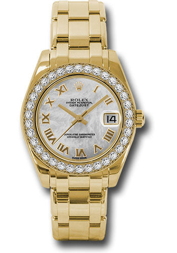 *Pre-Owned* Rolex Yellow Gold Datejust Pearlmaster 34 Watch - 34 Diamond Bezel - White Mother-Of-Pearl Roman Dial