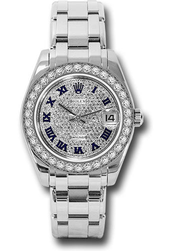 *Pre-Owned* Rolex White Gold Datejust Pearlmaster 34 Watch - 34 Diamond Bezel - Diamond Paved Roman Dial