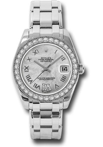 *Pre-Owned* Rolex White Gold Datejust Pearlmaster 34 Watch - 34 Diamond Bezel - White Mother-Of-Pearl Roman Dial
