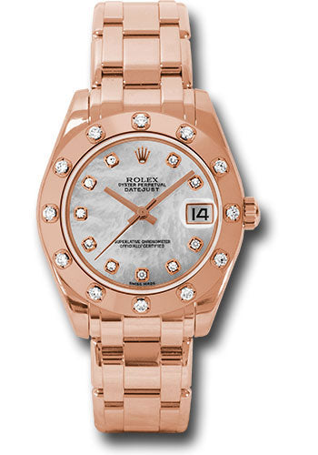 *Pre-Owned* Rolex Pink Gold Datejust Pearlmaster 34 Watch - 12 Diamond Bezel - Mother-Of-Pearl Diamond Dial