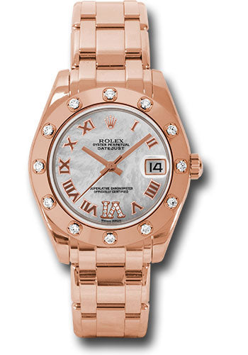 *Pre-Owned* Rolex Everose Gold Datejust Pearlmaster 34 Watch - 12 Diamond Bezel - White Mother-Of-Pearl Roman Dial