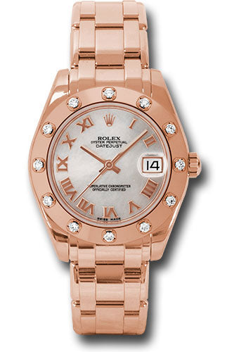 *Pre-Owned* Rolex Pink Gold Datejust Pearlmaster 34 Watch - 12 Diamond Bezel - Mother-Of-Pearl Roman Dial