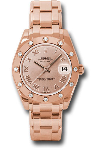 *Pre-Owned* Rolex Everose Gold Datejust Pearlmaster 34 Watch - 12 Diamond Bezel - Pink Roman Dial