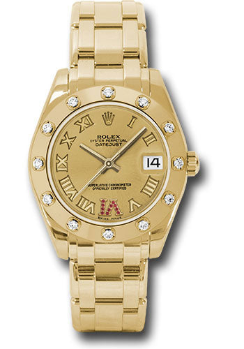 *Pre-Owned* Rolex Yellow Gold Datejust Pearlmaster 34 Watch - 12 Diamond Bezel - Champagne Ruby Roman Vi Roman Dial