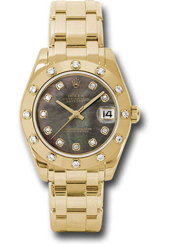 *Pre-Owned* Rolex Yellow Gold Datejust Pearlmaster 34 Watch - 12 Diamond Bezel - Black Mother-Of-Pearl Diamond Dial