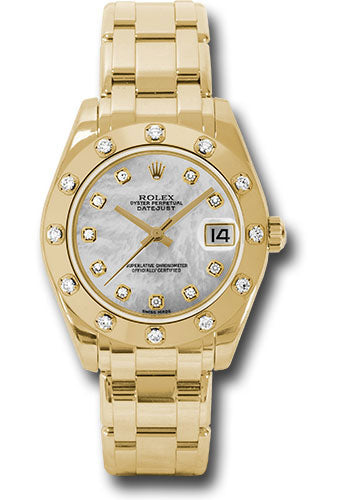 *Pre-Owned* Rolex Yellow Gold Datejust Pearlmaster 34 Watch - 12 Diamond Bezel - White Mother-Of-Pearl Diamond Dial