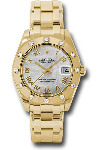 *Pre-Owned* Rolex Yellow Gold Datejust Pearlmaster 34 Watch - 12 Diamond Bezel - White Mother-Of-Pearl Roman Dial