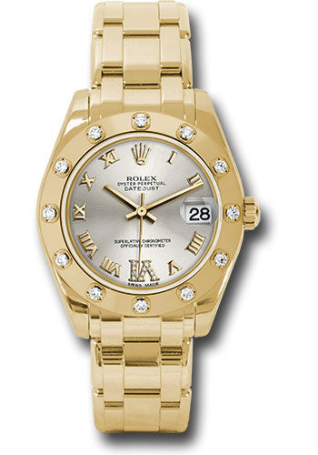 *Pre-Owned* Rolex Yellow Gold Datejust Pearlmaster 34 Watch - 12 Diamond Bezel - Silver Diamond Roman VI Dial