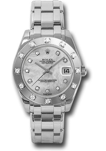 *Pre-Owned* Rolex White Gold Datejust Pearlmaster 34 Watch - 12 Diamond Bezel - White Mother-Of-Pearl Diamond Dial